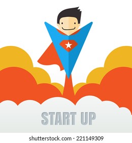 Superhero flying. Creative business start up concept . Vector cartoon illustration in flat style.