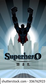 Superhero flying in front of a urban background. Vector illustration