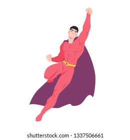 Superhero. Flying man with muscular body wearing bodysuit and cape. Strong, confident and powerful fantastic warrior with super power. Colorful vector illustration in flat cartoon style