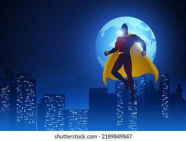 Superhero flying on beautiful cityscape during full moon, vector illustration