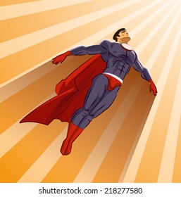 Superhero flying up on a sunlight