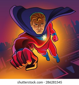 Superhero flying over city. Superhero in action. Vector Illustration