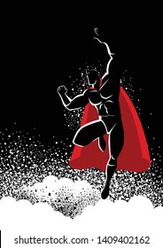 Superhero in flying pose in black and white illustration