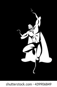 Superhero in flying pose in black and white illustration