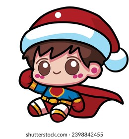 A superhero flying in a Santa hat and smiling with a happy environment is a vector illustration that is suitable for stickers and icons.