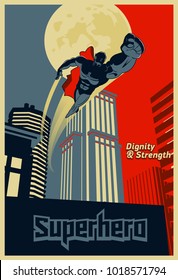 Superhero flying through the night city. Blue and red graphic poster. Vector illustration