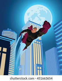 superhero flying through the night city. Vector illustration