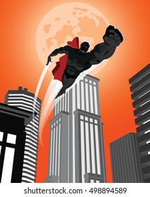 superhero flying through the night city. Vector illustration