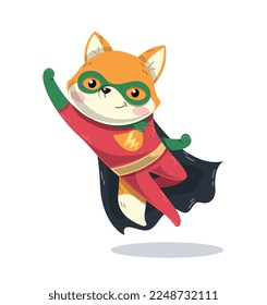 Superhero fox concept. Forest dweller in red suit with raincoat flies. Fantasy and imagination and fictional character. Graphic element for printing on fabric. Cartoon flat vector illustration