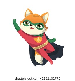 Superhero fox concept. Forest dweller flies and pulls paw up, superpowers and strength. Fictional character, fairy tales, imagination and fantasy. Toy or mascot. Cartoon flat vector illustration