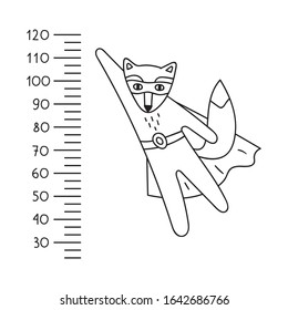 Superhero fox and meter wall for measuring children. Vector illustration on white background.