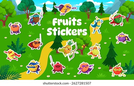 Superhero fruit characters stickers pack. Cartoon vector pineapple, banana, watermelon, pear or apple. Orange, peach, plum or pomegranate with lemon super hero personages with weapons, capes and masks