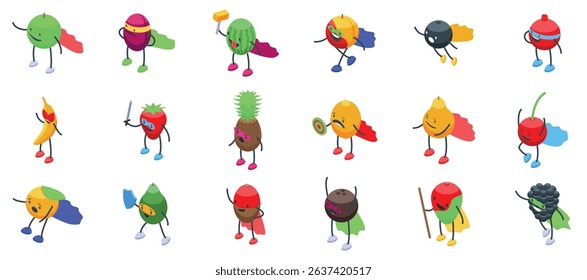 Superhero fruit icons set. Collection of superhero fruits and berries striking poses, showcasing strength, courage, and healthy lifestyle
