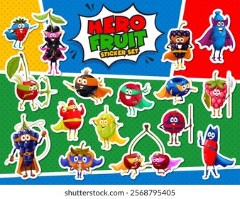 Superhero fruit stickers pack, cartoon funny berry characters in cute hero costumes. Vector cherry, strawberry, raspberry and gooseberry, blueberry and grapes fruits wearing superhero masks and capes