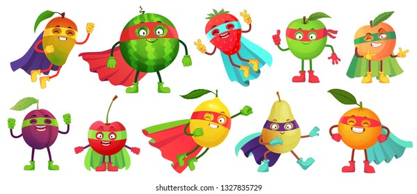 Superhero fruit. Super apple, berry and orange in hero cloak costume. Garden superheroes healthy food. Fruit hero characters, fresh fruits cartoon vector illustration isolated icons set