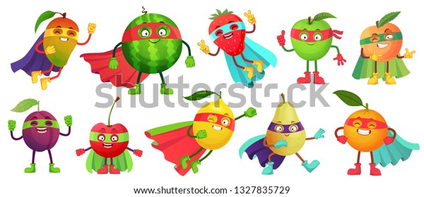 Superhero\
fruit. Super apple, berry and orange in hero cloak costume. Garden\
superheroes healthy food. Fruit hero characters, fresh fruits\
cartoon vector illustration isolated icons\
set