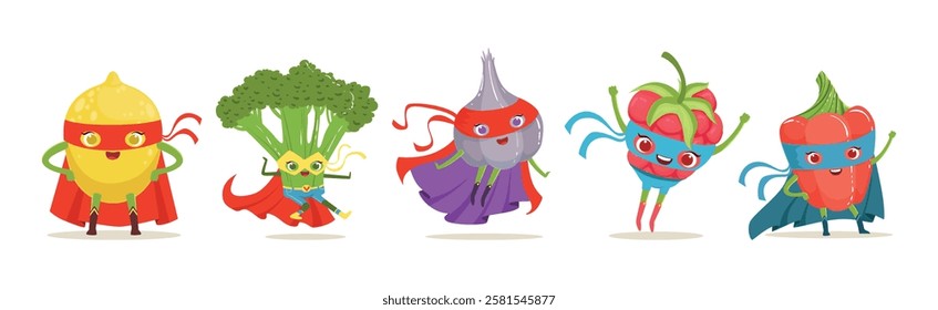 Superhero Fruit and Vegetables In Masks And Capes Vector Set