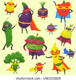 Superhero fruit and vegetables vector pattern. Super banana, eggplant with broccoli, onion, pepper in hero cloak costume. Garden superheroes healthy food. Fruit and vegetables hero characters.