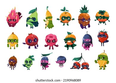 Superhero fruits. Funny fresh superfood in masks and cape, funny cartoon organic food in colorful hero costume. Vector cute clipart collection of super food strawberry and super food illustration