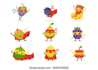 Superhero Fruits In Masks And Capes Set Of Cute Childish Cartoon Humanized Characters In Costumes