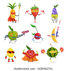 Superhero Fruits In Masks And Capes Set Of Cute Childish Cartoon Humanized Characters In Costumes in different poses.