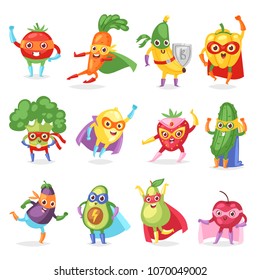 Superhero fruits vector fruity cartoon character of super hero expression vegetables with funny banana carrot or pepper in mask illustration fruitful vegetarian set isolated on white background