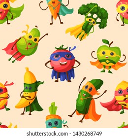 Superhero fruits vector fruity cartoon character of super hero expression vegetables with funny apple banana or pepper in mask illustration. Fruitful vegetarian diet background