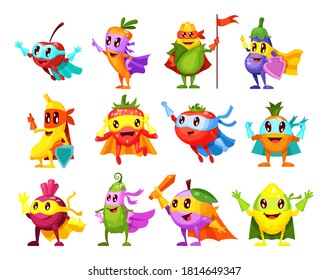 Superhero fruits and vegetables. Happy characters in different poses, in masks and costumes, capes. Garden superheroes healthy food. Vector illustration in flat cartoon style.