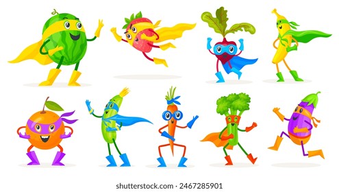 Frutas y verduras de superhéroes. Personajes de dibujos animados de héroes de frutas o verduras, personajes divertidos de comida vegana de banana tonta infantil, Ilustración vectorial de personajes de dibujos animados, super saludable