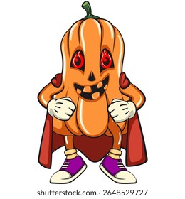 superhero funny halloween pumpkin mascot, vector cartoon illustration isolated on transparent background, work of hand drawn