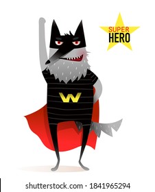 Superhero funny wolf wearing costume with mask and cape. Silly animal party animal for kids. Vector character design.