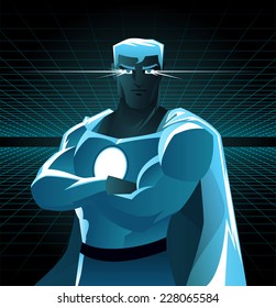 Superhero galaxy with shining eyes and blue costume in between dimensions galaxy power. With blue costume and light blue cape, black belt and superhero power on its chest vector illustration. 