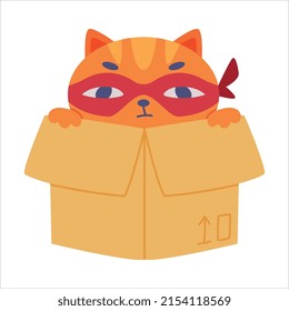 Superhero Ginger Cat Wearing Red Mask and Cape Sitting in Cardboard Box Vector Illustration