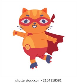 Superhero Ginger Cat Wearing Red Mask and Cape Roller Skating Vector Illustration