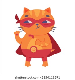 Superhero Ginger Cat Wearing Red Mask and Cape Standing and Smiling Vector Illustration