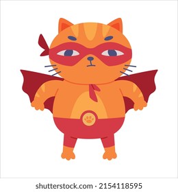 Superhero Ginger Cat Wearing Red Mask and Cape Having Power Vector Illustration.