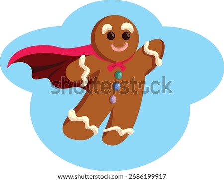 
Superhero Gingerbread Man with Cape Flying Vector Character. Cheerful traditional dessert character mascot announcing Christmas  
