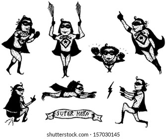 Superhero Girl Character Set/ Illustration of a doodle hand drawn funny super hero woman character in various situations