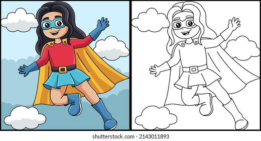 Superhero Girl Coloring Page Colored Illustration