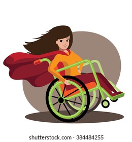 Superhero girl in a cool wheelchair. EPS 10 vector.