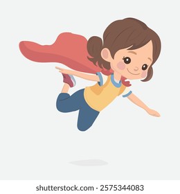 Superhero Girl Flying with Cape. A brave and cheerful girl dressed as a superhero, flying with her cape flowing behind her, depicted in a vibrant vector illustration