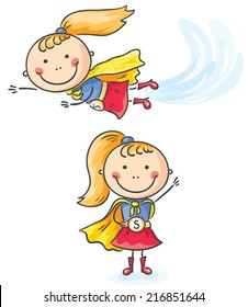 Superhero girl flying and standing