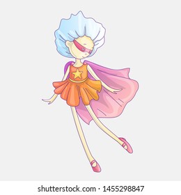 Superhero girl, little teen girl as a superhero vector cartoon illustration with gradients. Super hero flying through the sky, brave princess, cute cartoon feminism concept with superhero girl.