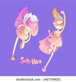 Superhero girl, little teen girl as a superhero vector cartoon illustration with gradients. Super hero flying through the sky, brave princess, cute cartoon feminism concept with superhero girl.