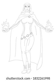 A superhero girl with magic flames in hands