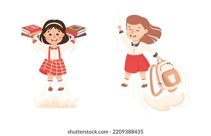Superhero Girl at School Flying Forward Achieving Goal and Gaining Knowledge Vector Set
