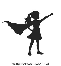 Superhero girl silhouette. Isolated drawing of kid in cloak. Hero child portrait. Leader concept. Brave teenager raised his hand to fly. Vector illustration