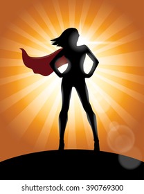 Superhero Girl Standing with Cape Waving in the Wind Silhouette