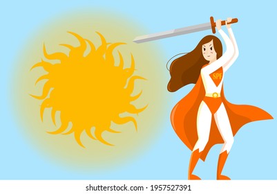 Superhero girl in a suit with the inscription SPF with a fluttering cloak holds a sword in her hands and fights with the sun vestor illustration