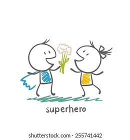 superhero gives her flowers illustration